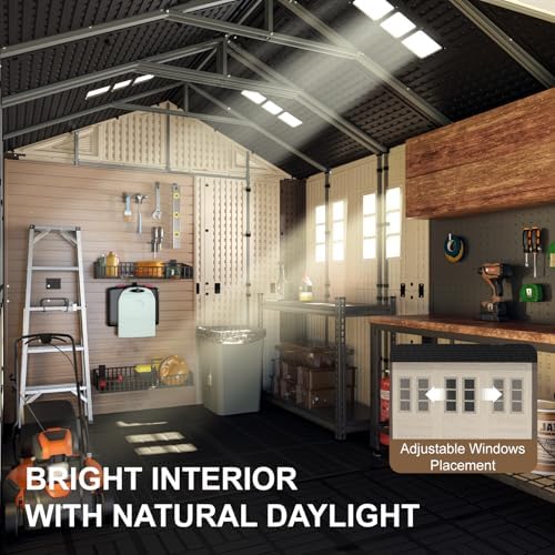 8x12 Ft Outdoor Storage Shed with Floor, Large Resin Outdoor Shed with Lockable Doors, 5 Fixed Windows & 6 Skylights, HDPE Garden Sheds for Backyard, Lawn Tools, Pool & Bike Supplies, Khaki