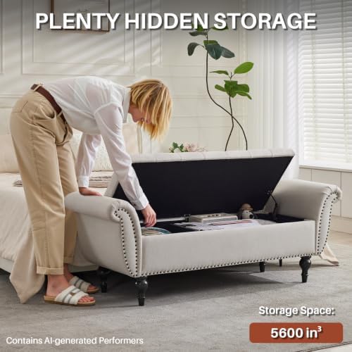 Storage Ottoman Bench, 64" Upholstered Entryway Bench, Beige