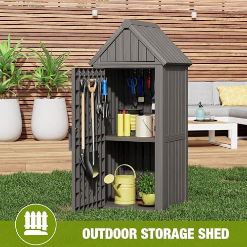 Outdoor Storage Shed, Waterproof Storage Cabinet with Sloping Roof and Lockable Door, Resin Shed with Ample Space, Multiple Hooks for Backyard Patio, Garden, Lawn, Classic Grey