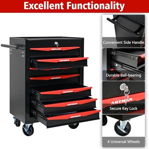 Heavy Duty 7-Drawer Rolling Tool Chest, Key Lock Tool Storage Cabinet with Lockable Casters & Drawer Liners, Mobile Tool Organizer Cart for Garage Workshop Warehouse Repair Shop (Black)