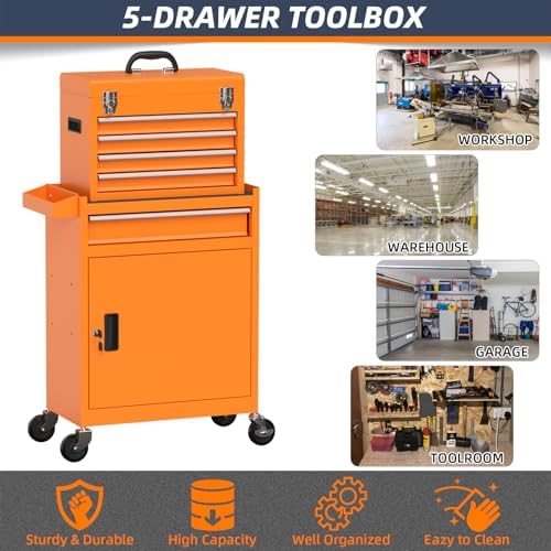 5-Drawer High Capacity Rolling Tool Chest, Removable Cabinet Storage Tool Box with Wheels and Drawers, Detachable Toolbox with Lock for Mechanics Garage Workshop and Tool Room (Orange)