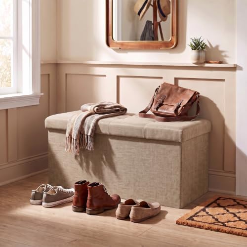 Lavish Home Folding Storage Ottoman Bench, Beige, 30”