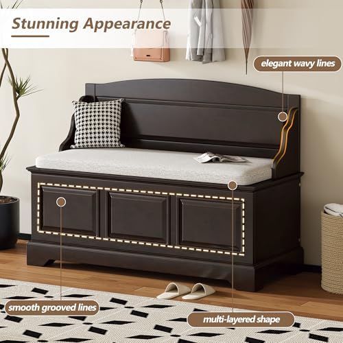 LUMISOL Shoe Storage Bench with Seating, 41.7” Farmhouse Entryway Bench with Cushion and Hidden Storage, Upholstered Storage Ottoman for Living Room, Entryway, Bedroom, Espresso