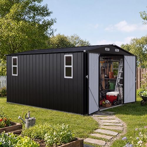 LAUSAINT HOME 10 x 12 FT Outdoor Storage Shed with Windows, Heavy Duty Galvanized Steel Storage Shed with Double Lockable Doors, Gable Roof & Air Vent for Backyard, Black
