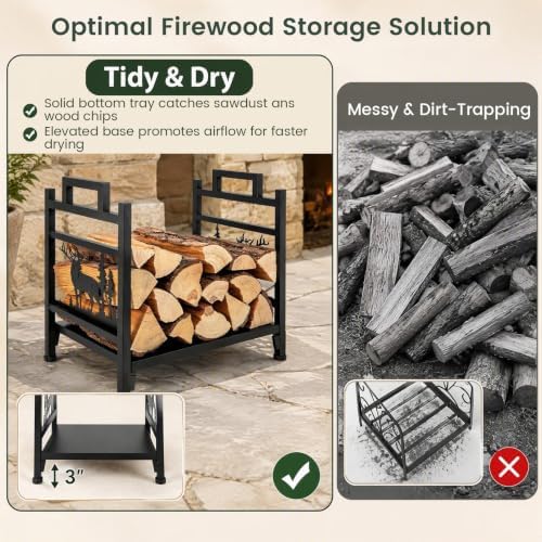 Goplus Firewood Rack Outdoor, 18.5” Metal Firewood Holder w/Mesh Sides & Base, Decorative Deer Patterns, Handle, Indoor Log Storage Rack, Small Wood Rack for Fireplace, Woodstove (18.5" x 13.5" x 18")