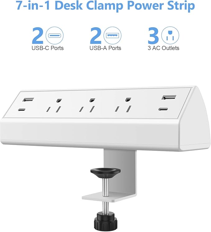 Desk Clamp Power Strip, 40W Fast Charging Station, Desktop Mount Surge Protector
