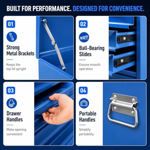 ARNOT Large Metal Tool Box, Tool Box with 6 Drawers & Top Tray, Heavy-Duty Steel Tool Chest with Auto-Locking Drawers and Side Handles for Garage & Workbench (Blue)