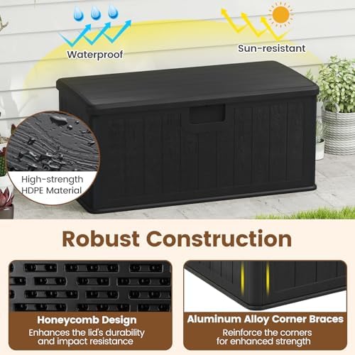 GIANTEX 100 Gallon Deck Box, Waterproof Resin Box with Lockable Lid, 440Lbs Outdoor HDPE Storage Container Bench for Patio Furniture Cushions, Pool Tools & Garden Accessories (Black)