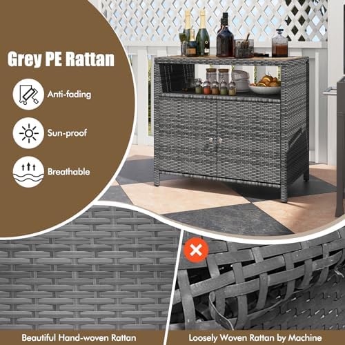HAPPYGRILL Outdoor Rattan Storage Cabinet, Patio Sideboard Buffet Cabinet with Acacia Wood Countertop, Open Shelf & 2 Door Cabinet, Wicker Storage Organizer for Garden Tools (Mixed Grey)