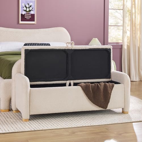 Walker Edison Chantelle Modern Contemporary Curved Upholstered Bench with Storage, 56 Inch, Ivory Bouclé