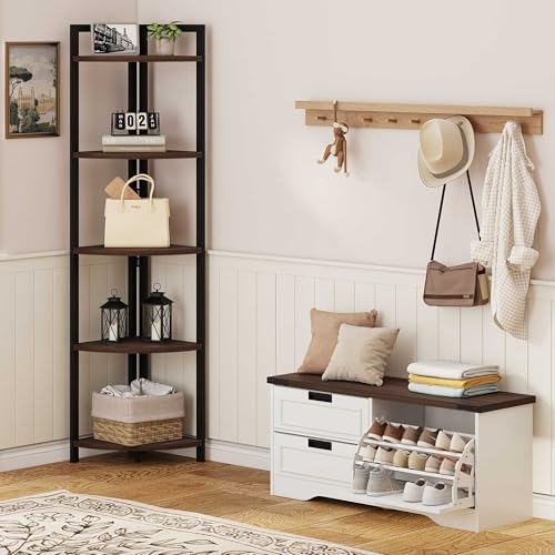 FATORRI Shoe Storage Bench with Flip Drawer, Wooden Entryway Bench, Modern Shoe Cabinet with Removable Drawers for Hallway, Living Room (Walnut Brown & White Oak)