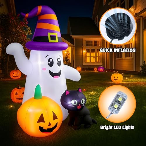 5FT Cute Halloween Inflatables Ghost, Blow Up Wizard Ghost with Pumpkin Black Cat for Garden Lawn Indoor Party Decor, Halloween Decorations Outdoor Inflatables