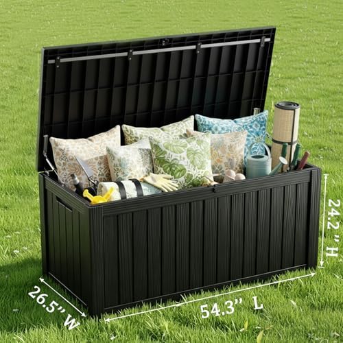 MAKINO 152 Gallon Resin Outdoor Storage Box, Waterproof Deck Box with Lockable Lid, Outside Storage Box for Patio Furniture, Pool Accessories, Garden Tools, Storage Bench for Backyard, Porch, Black