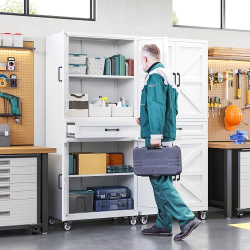 Letaya Metal Garage Storage Cabinets with Wheels,White Rolling Tool Cabinet