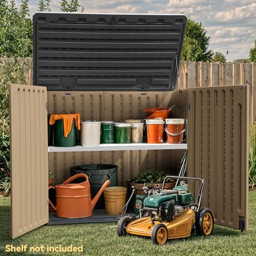 DWVO 35 Cu Ft Outdoor Horizontal Storage Shed w/o Shelf, 39 in Height Storage Sheds Lockable and Waterproof, Weather Resistant Resin Tool Shed for Storing Garden Tools, Brown