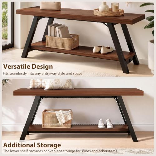 LVB Industrial Entryway Bench with Storage, Wood and Metal Bedroom Bench