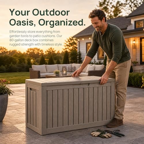 Outdoor Storage Box Resin Deck Box Waterproof Gray Brown 98 Gallon