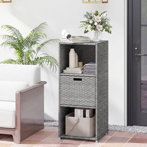 HAPPYGRILL Outdoor Storage Cabinet PE Rattan Wicker Storage Shed Organizer with Shelves Drawer, for Patio Porch, Garden, Backyard and Poolside (Mix Grey)
