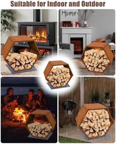 Firewood Rack Outdoor, Corten Steel Hexagon Firewood Holder, Rustic