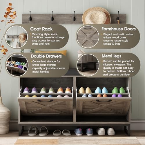 Maupvit Shoe Cabinet with 2 Flip Drawers & Coat Rack, Shoe Storage Bench with Seat Cushion for Entryway, 5 Large Sturdy Metal Hooks - with Locking Wall Parts, Washed Gray