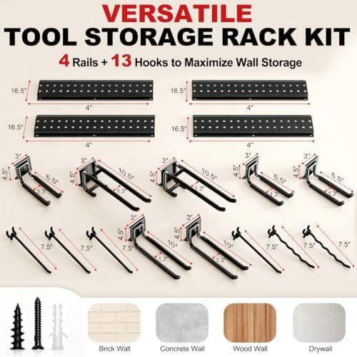 Garage Tool Organizer Wall Mount 66 inches with 13 Adjustable Heavy-Duty Hooks, Garage Organization, Garden Tool Storage Rack, Yard, and Shed, Holds Up to 520 lbs