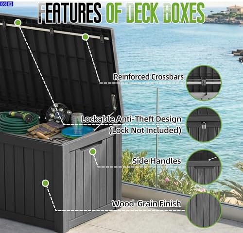 150 Gallon Outdoor Storage Deck Box Waterproof Resin Lockable Outside Bench Porch Patio Furniture Pool Float Garden Tool Cushion UV Resistant Bin Black
