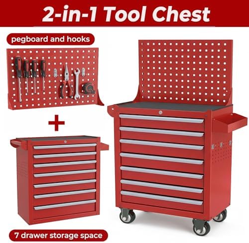 Rolling Tool Chest with Wheels, 7 Drawers Metal Tool Box with Pegboard