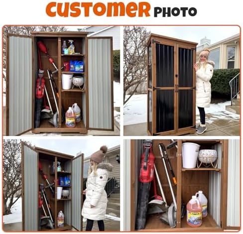 Outdoor Storage Cabinet with Shelves, Wood & Metal Storage Shed with Weatherproof Roof, Lockable Doors, Adjustable Feet, Outside Storage Cabinet for Garage, Patio (15.6" D x 32.3" W x 65.8" H)