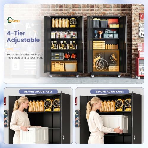 Metal Garage Storage Cabinet with Locking Doors and Adjustable Shelves, Wide & Deep Garage Cabinet on Wheels, 74.5" Rolling Tool Cabinet for Garage, Basement, Home Office