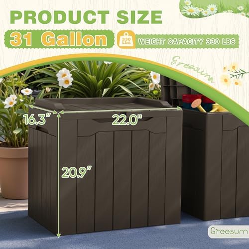 Greesum 31 Gallon Deck Box for Outside, All Weather Outdoor Storage Boxes for Patio Furniture Set, Package Delivery Box, Garden Tools, Brown(Set of 2)