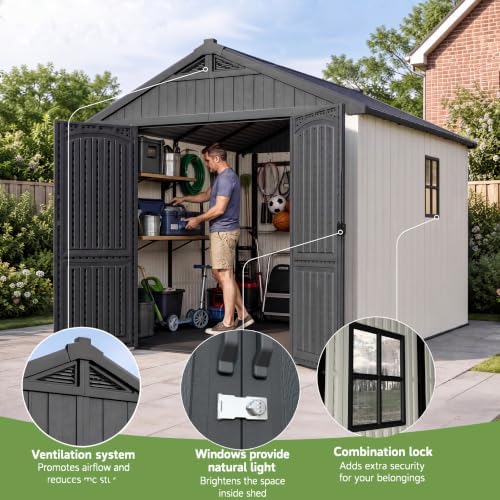 Greesum 8x8 FT Resin Outdoor Storage Shed with Floor, Beige