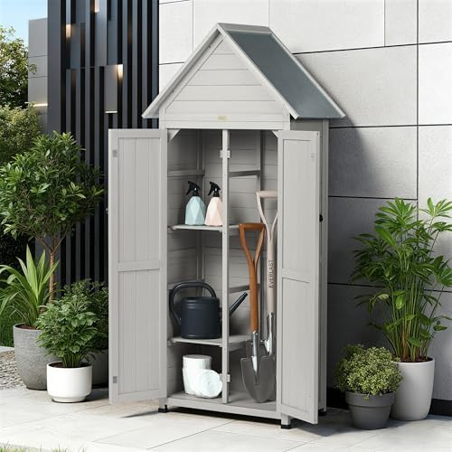 Outdoor Storage Shed with Floor & Adjustable Shelves, Wooden Garden Tool Cabinet Weatherproof, 71" Vertical Patio Organizer