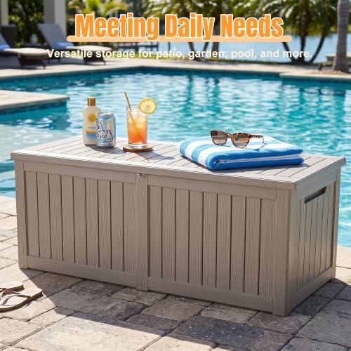 Outdoor Storage Box, 370 Gallon Waterproof Resin Deck Box with Support Rod