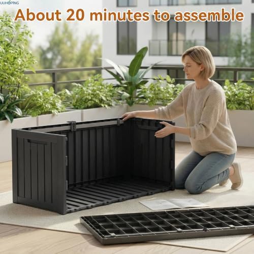 150 Gallon Outdoor Deck Box, Resin Waterproof Storage Box With Lockable Lid, UV-Resistant Multi-Purpose Outdoor Storage Bench for Patio Cushions, Garden Tools, Pool Accessories (Black)