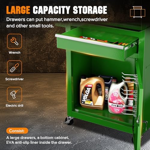 Oakcloud Heavy-Duty 5-Drawer Rolling Tool Chest & Cabinet Combo with Black Liner – Lockable Steel Garage Tool Box on Wheels – Detachable Top Toolbox & Bottom Storage Cart with Side Hooks, Green