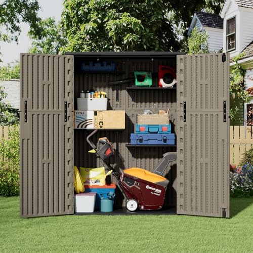 ZZM 57 Cu.ft Outdoor Storage Shed HDPE Storage Cabinet, Double-Wall Resin Sheds with Floor Vertical Lockable Sheds Garden Tools Trash Can, Lawn Mower, Bike Storage, Waterproof, Brown