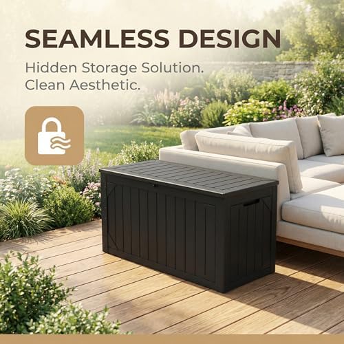 100 Gallon Outdoor Storage Bench - Waterproof Deck Box with Lock, UV Resistant Resin, Patio Furniture & Garden Tool Organizer, 400lb Capacity, Easy Assembly (Black, 1 Pack)