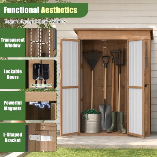 Outdoor Storage Cabinet, 51.4" W x 22.5" D x 70.5" H Tall Wood & Metal Garden Tool Shed with Fold-Out Table, 3 Fixed Shelves, Lockable Doors, Asphalt Roof for Patio, Backyard, Garage