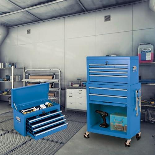 8-Drawer Rolling Tool Chest with Detachable Top Tool Box, Tool Cabinet with Universal Lockable Wheels, Mechanic Tool Organizer Storage Box for Garage Workshop Repair Shop Warehouse (Blue)