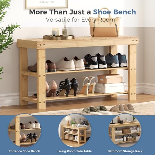 DUMOS Wooden Shoe Rack Bench, 3-Tier Bamboo Entryway Benches with Storage, Holds Up to 286 lb Storage Organizer, Suitable for Bedroom Living Room Balcony, 11.3 x 35.43 x 17.8 Inches, Natural Bamboo