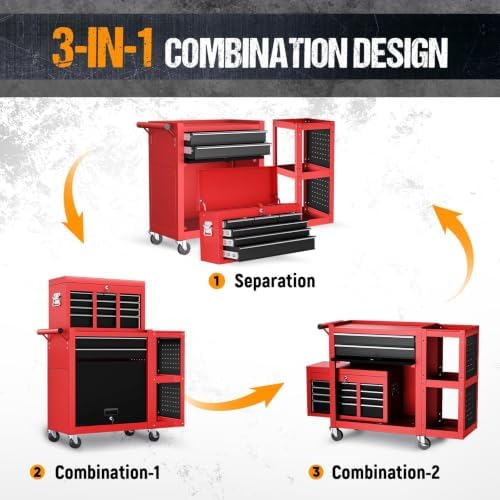 8-Drawer Rolling Tool Chest,3-in-1 Tool Box on Wheels with Lockable Steel Cabinet, Detachable Top Toolbox & Bottom Storage Cart with Additional Cabinet for Repair Room,Warehouse,2026 Red