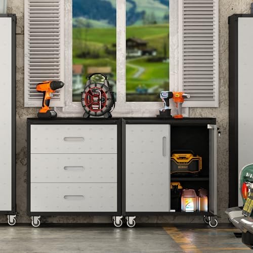 Garage Tool Storage Cabinet with Wheels & 2 Lockable Doors,Gray