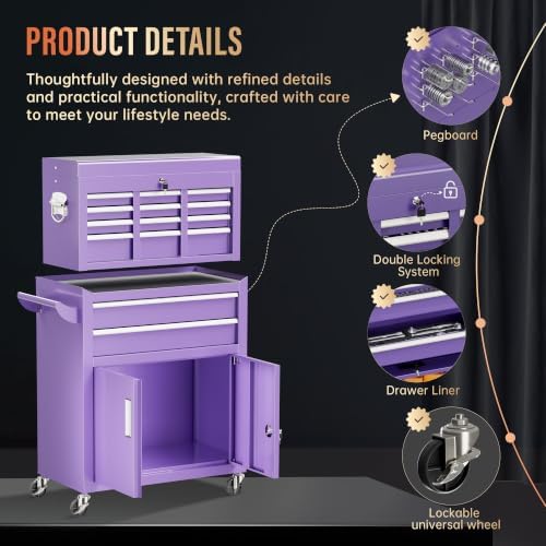 Pataku 8-Drawer Rolling Tool Chest with Wheels, 2-in-1 Detachable Tool Box Organizer, Lockable Mobile Tool Cart with Steel Cabinet & Side Rack for Garage, Workshop (Purple)