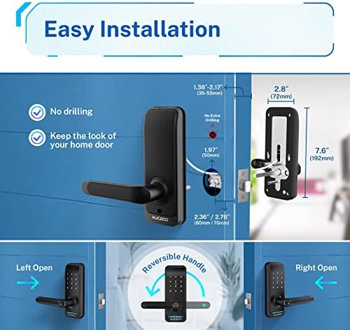Keyless Entry Smart Lock with Handle: Kucacci Smart Door Lock with Keypad - Digital Fingerprint Lock with Keypad -APP Control for Exterior Door- Easy Retrofit Knob Deadbolt Lever