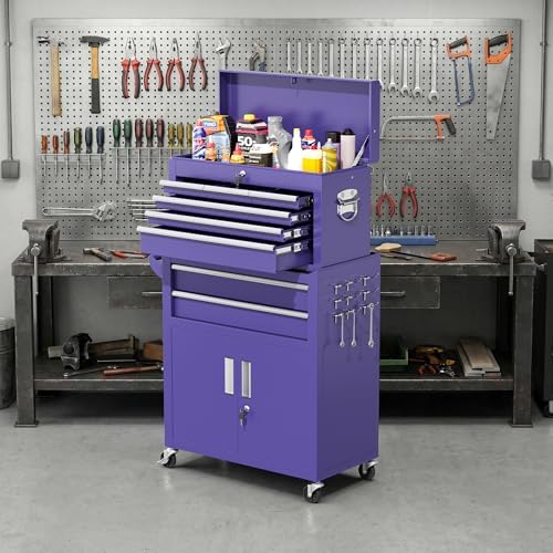 Greenvelly 8-Drawer Tool Chest with Wheels, Pre-Assembled Rolling Tool Chest, Detachable Top Tool Box, Lockable Design, Comes with Drawer Liners & Side Hooks for Garage Workshop Repair Room (Purple)