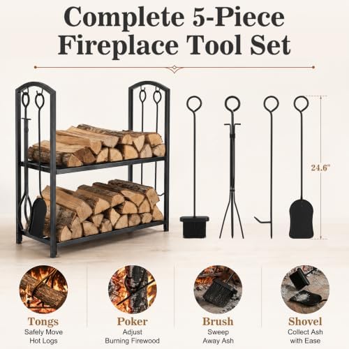 FEED GARDEN Firewood Rack with 4-Piece Fireplace Tools, Indoor Outdoor