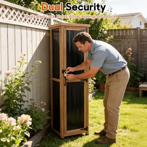 Outdoor Storage Cabinet, Wood & Metal Storage Shed with Weatherproof Roof, 3 Removable Shelves, Lockable Door, Adjustable Feet, Outside Storage Cabinet for Garage, Patio, Backyard