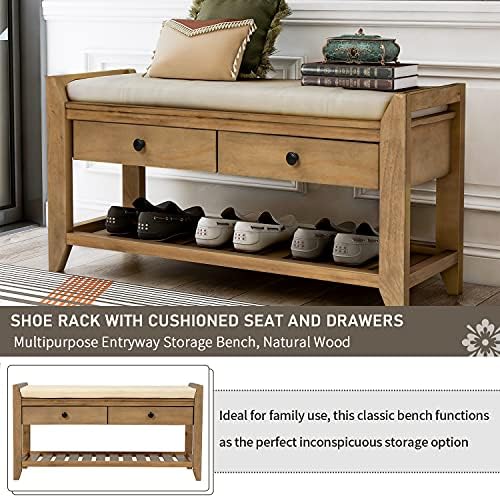 Merax Classic Wood Entryway Bench with Shoe Storge Wood Bench for Hallway Front Door Old Pine with Drawers and Seat Cushion Old Pine