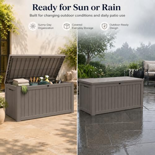 Outdoor Storage Box Resin Deck Box Waterproof Gray Brown 182 Gallon