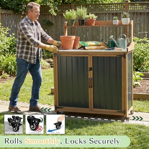 Outdoor Storage Cabinet with 4 Wheels and Handle, Metal & Wood Potting Bench Storage Cabinets with Waterproof Top, Removable Shelf, Potting Table & Workstation for Garden, Patio, Balcony, Garage